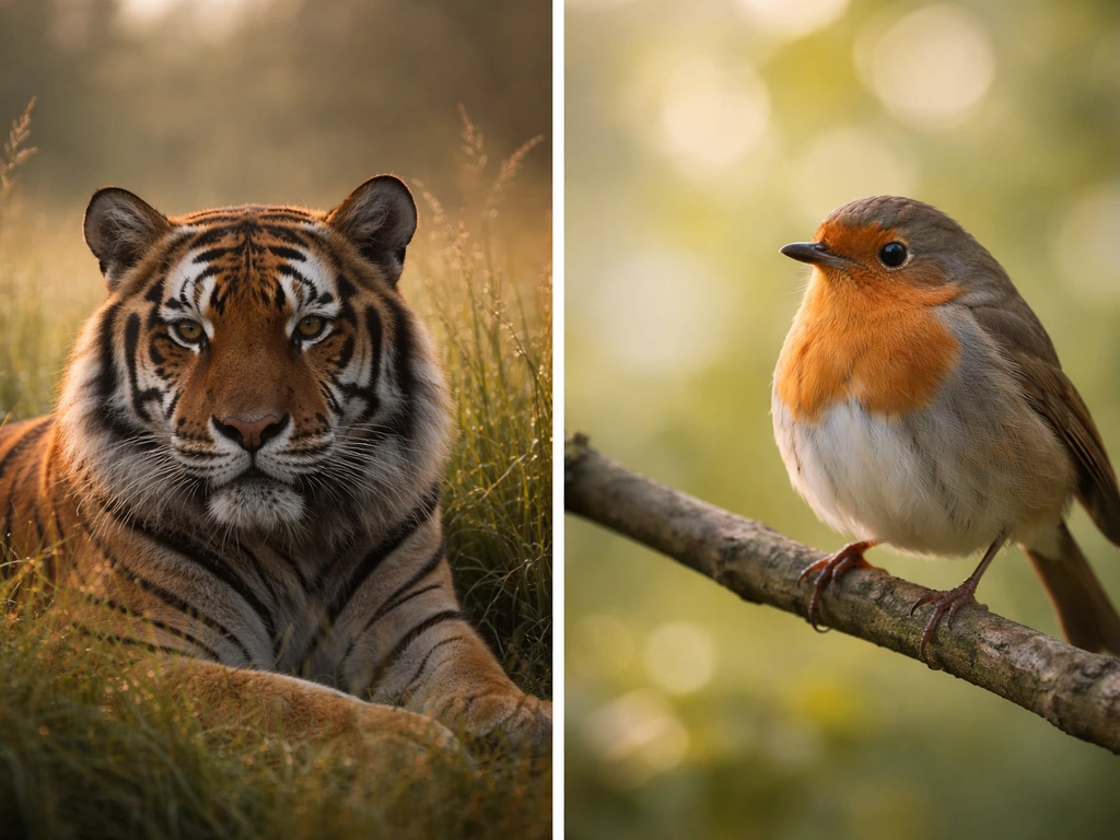 Split-screen style image contrasting a tiger in grass with a small bird perched on a branch