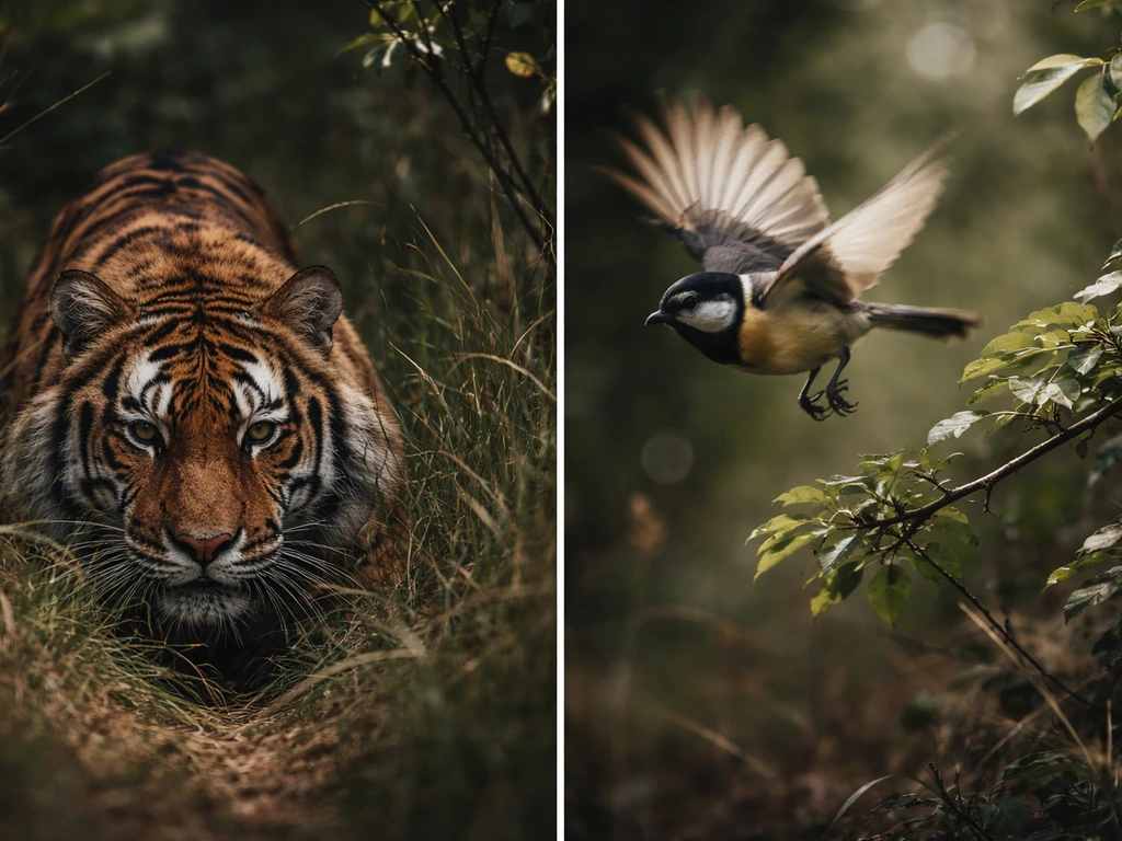Tiger crouched in tall grass before an ambush, with a small bird suddenly launching from nearby foliage.