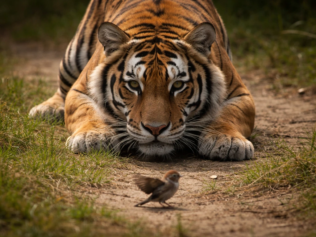A tiger crouches near a small ground songbird as the bird prepares to escape.