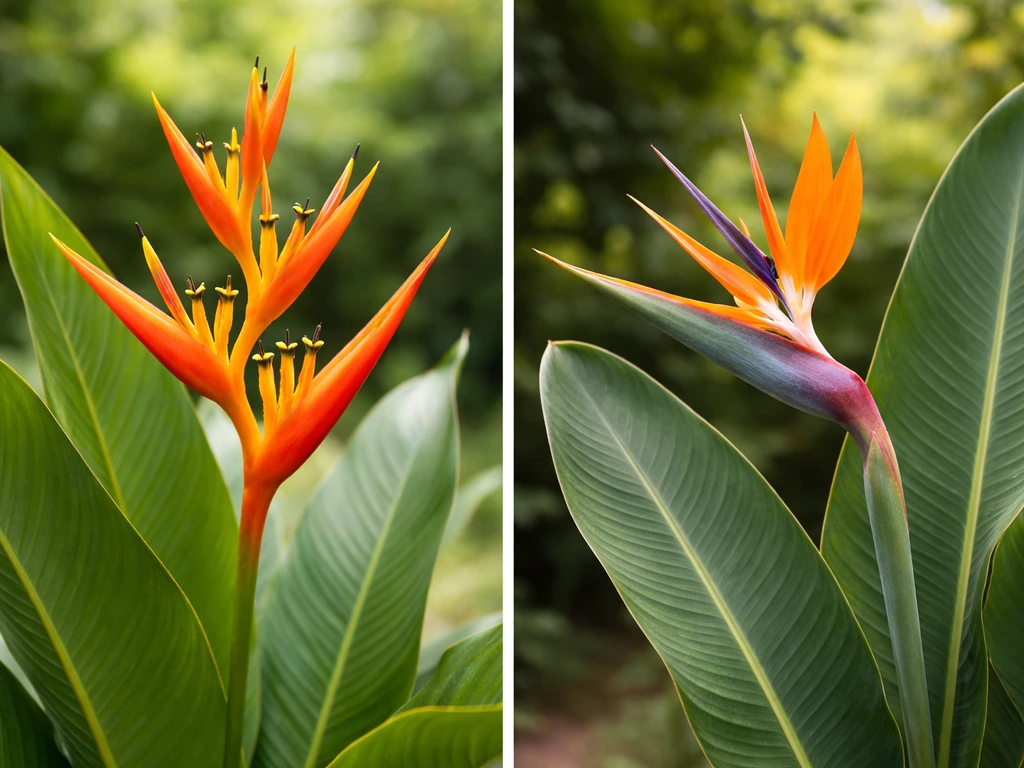 Close-up side-by-side of parrot flower and bird of paradise blooms with detailed green foliage.