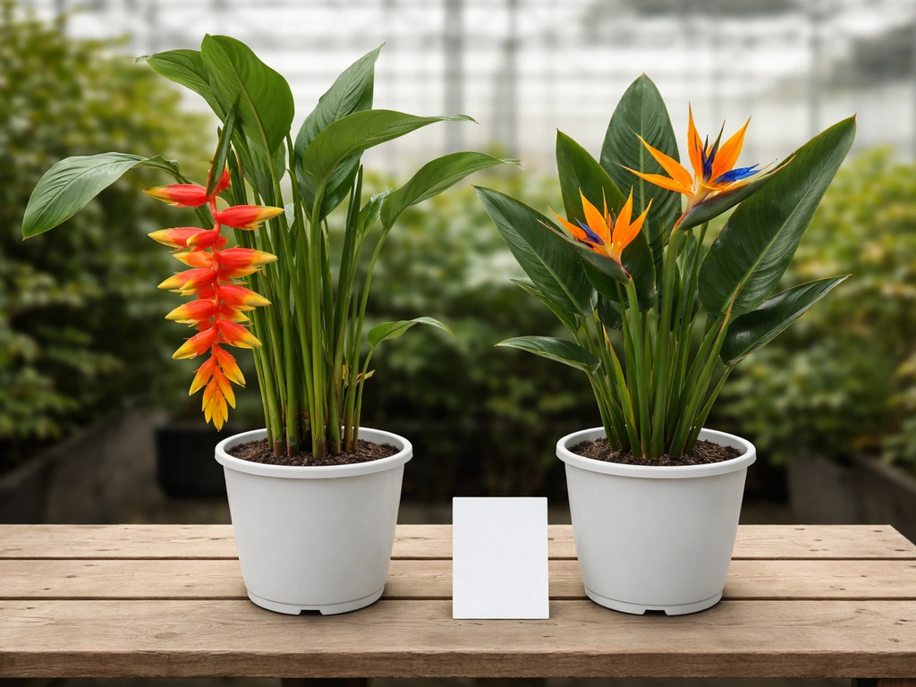 Minimal photo mock checklist showing two potted tropical plants side-by-side in soft nursery light.