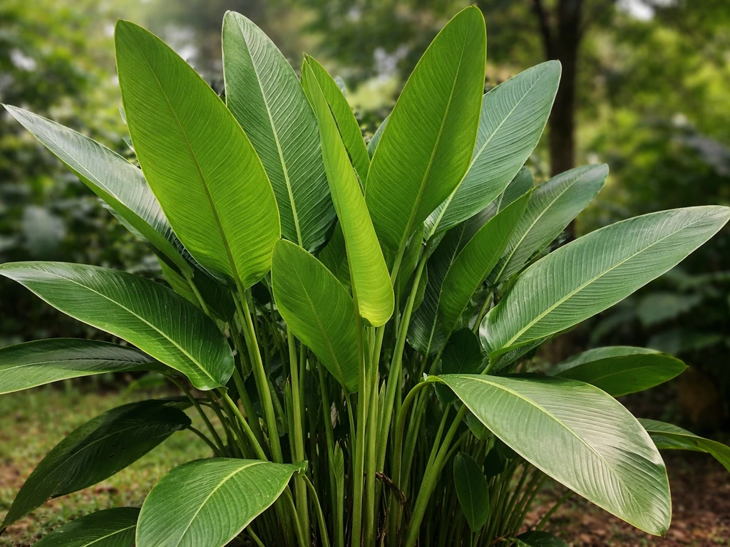 Close-up of Heliconia psittacorum leaves and stems with tropical, bold foliage and soft green background.
