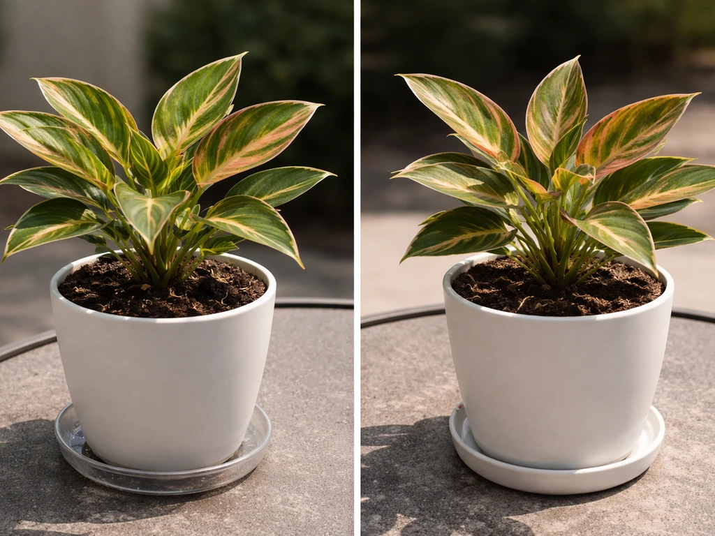 Two different potted plants on a patio: one in a moist tray, one in drier soil under bright light.