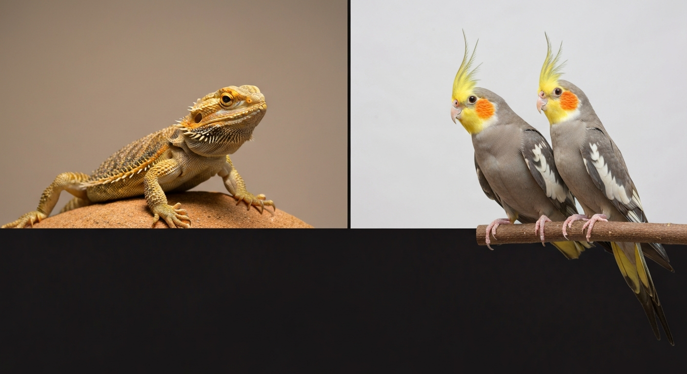 Side-by-side image of a bearded dragon perched on a basking rock and a cockatiel perched on a branch