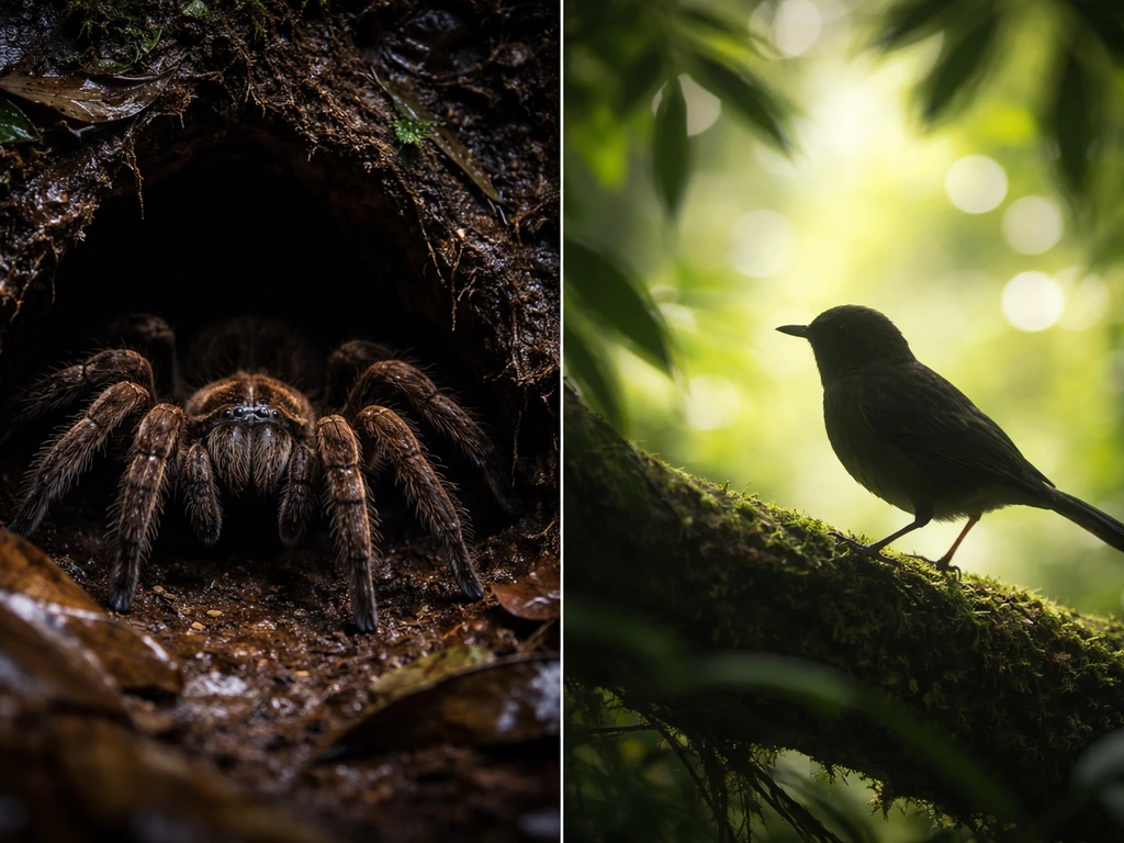 Dramatic photo split: goliath birdeater tarantula at burrow entrance and small bird silhouette outside in rainforest