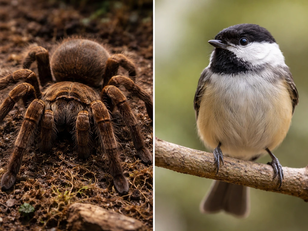 Split close-up: tarantula with eight legs vs a perched bird showing two legs and feathers.