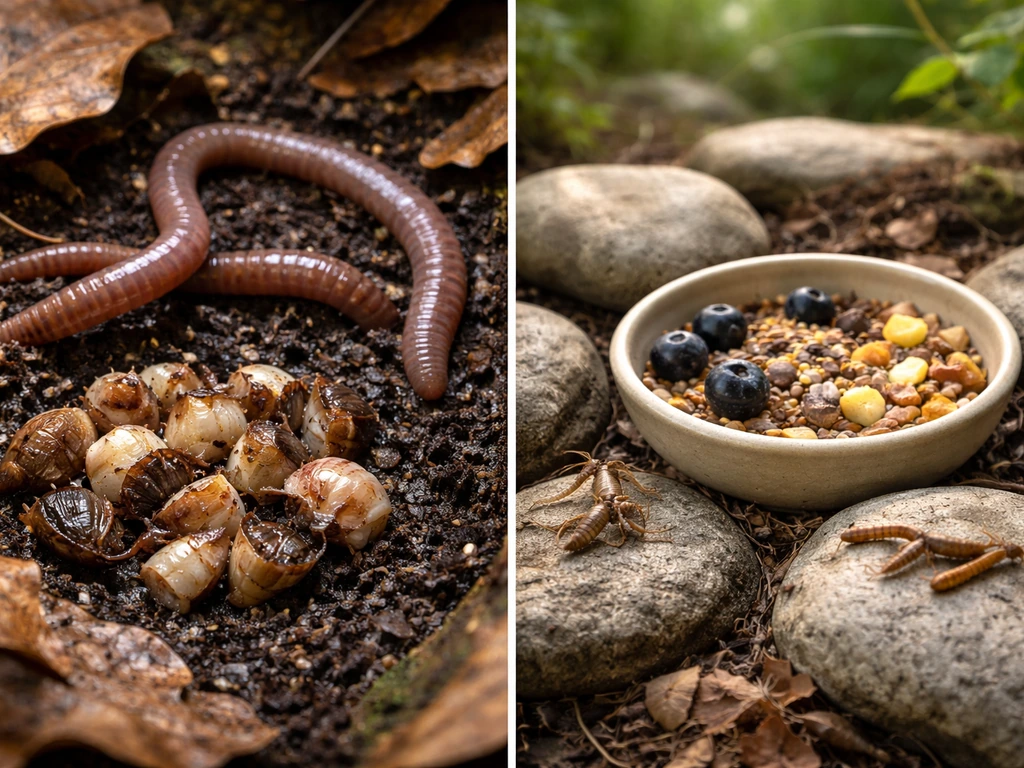 Split mini-scenes: goliath birdeater with arthropod/earthworm prey vs bird feeding on seeds and insects.