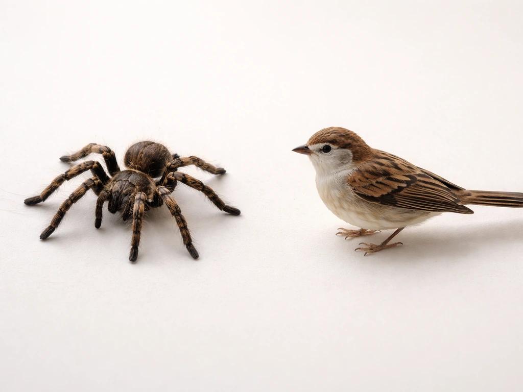 Minimal side-by-side macro view: spider with eight legs and two body regions next to a two-legged bird-like figure.
