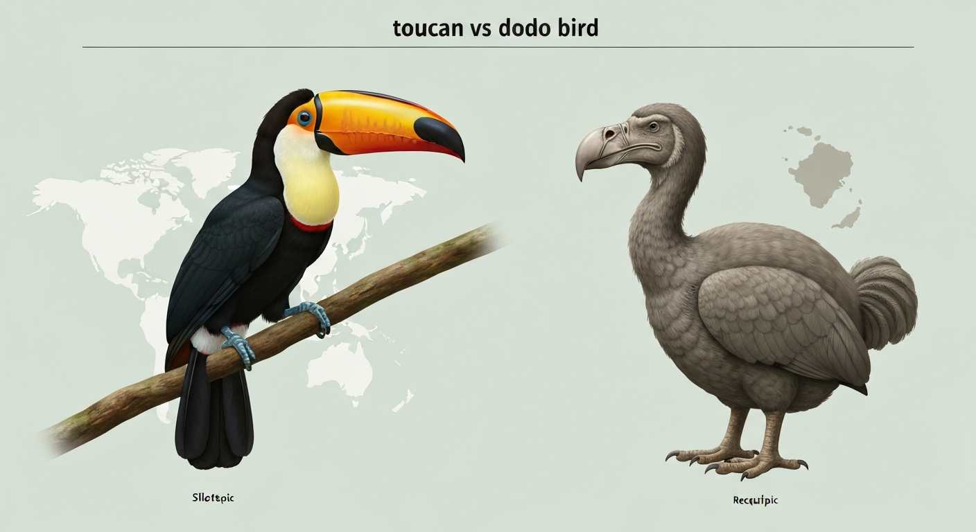 Split natural-history illustration: left—toco toucan perched in canopy with large orange bill; right—dodo standing on forest floor with hooked beak; faint map silhouettes behind each bird indicating Neotropics and Mauritius.