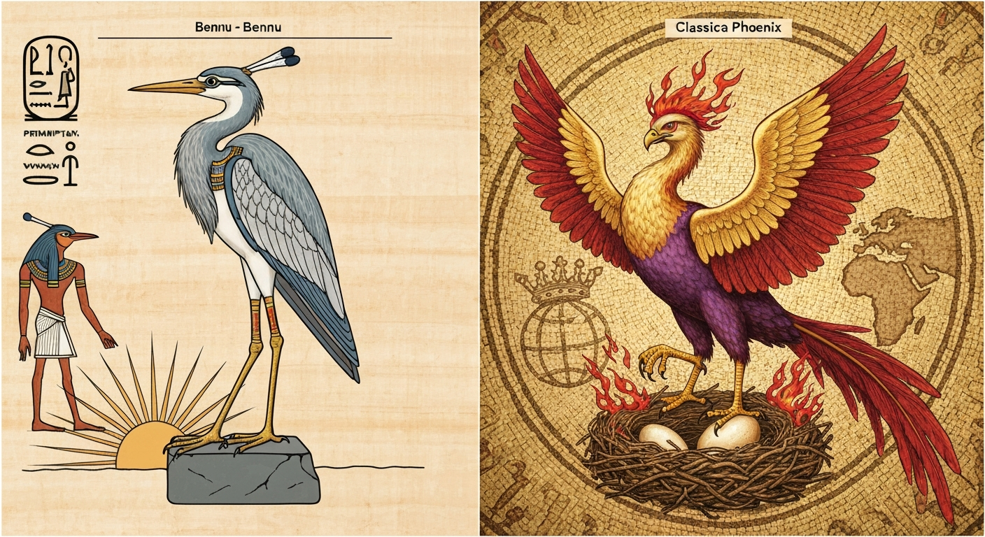 Split illustration: left — heron-like Egyptian Bennu on benben stone at sunrise with hieroglyphs; right — gold-and-red classical Phoenix rising from flames with mosaic texture.