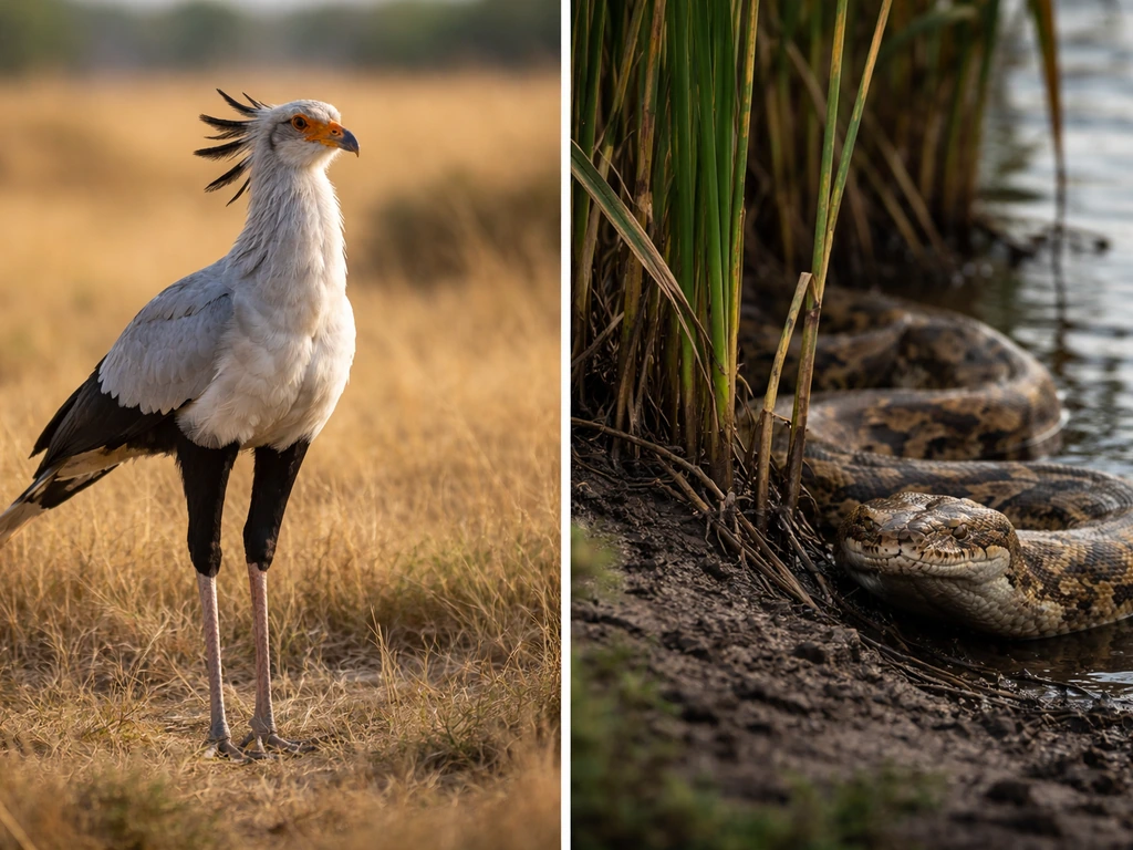Secretary bird in open savannah facing a python concealed by reeds at a water edge.