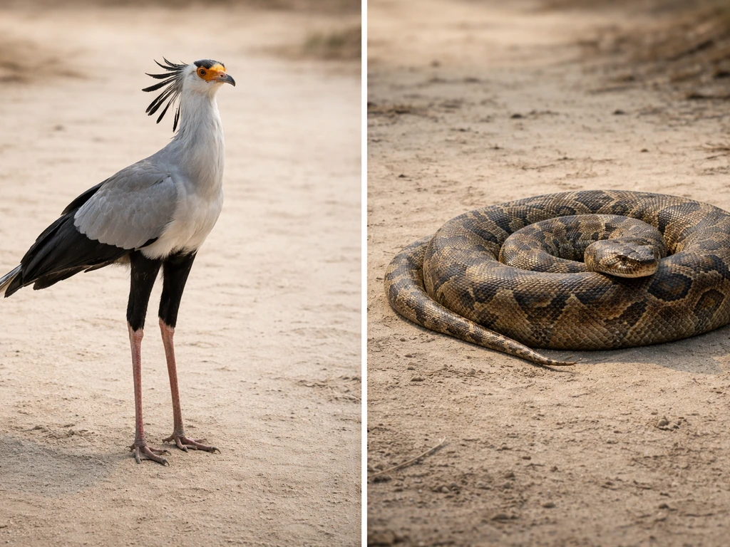 Split-view of a secretary bird upright posture and an African rock python heavy limbless body in simple scenery