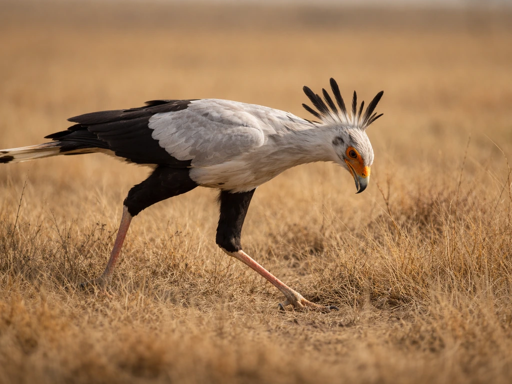 Secretary bird stalking and stomping in open savanna grassland, head lowered and beak ready.