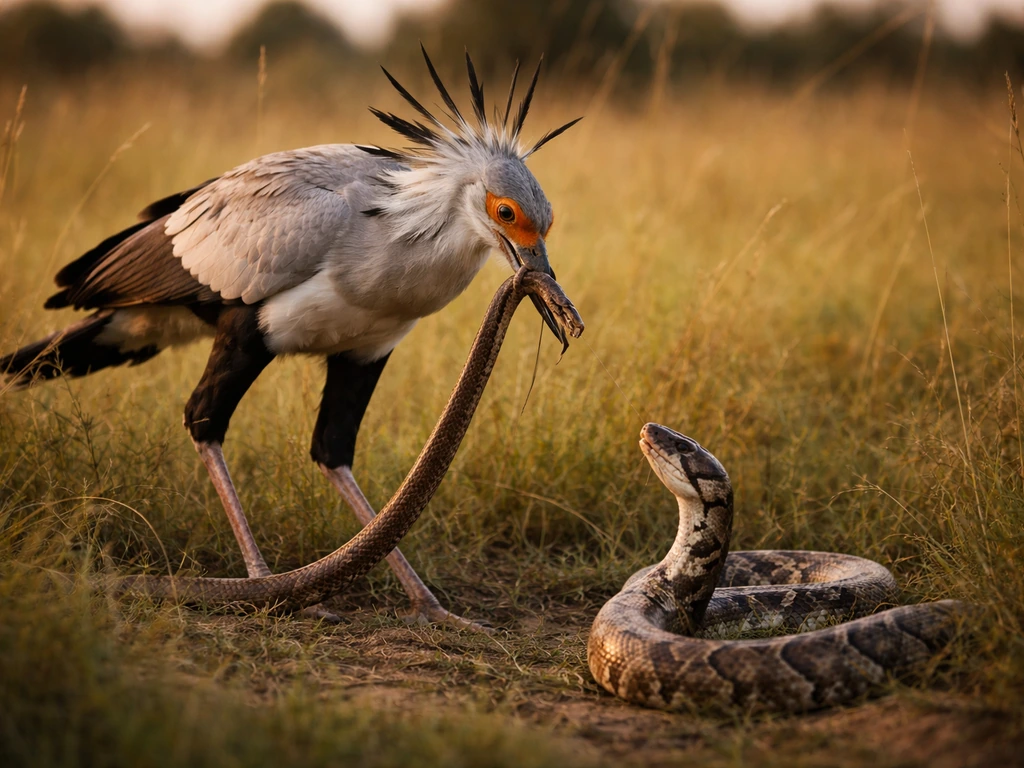 Secretary bird gripping a snake in tall grass, with a python poised nearby in a realistic wild predation scene
