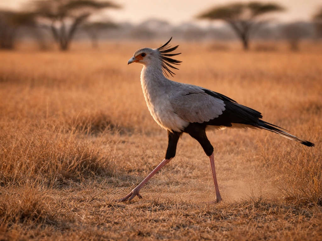 Secretary bird walking on open savannah grassland, showing long pink legs and black crest.