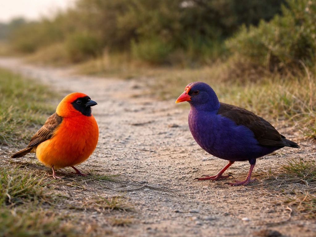 Two different colorful birds on dirt and grass—fiery red/orange vs purple rail-like—clearly contrasted.