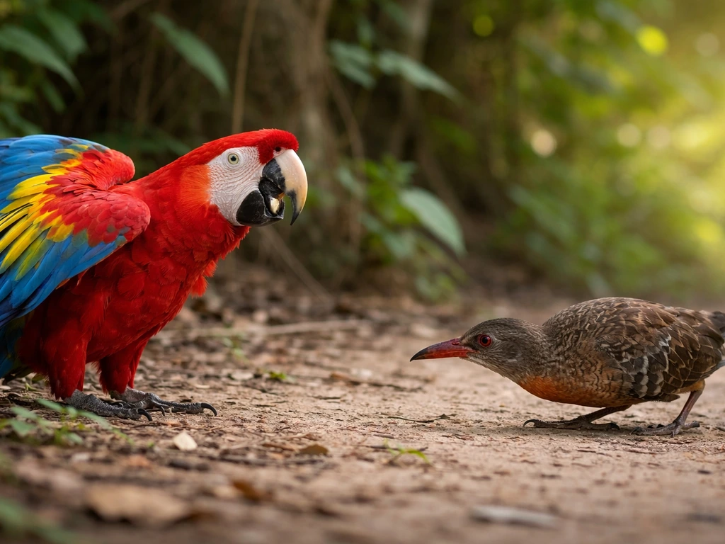 Scarlet macaw calling loudly beside an alert, posturing rail in a quiet forest edge.