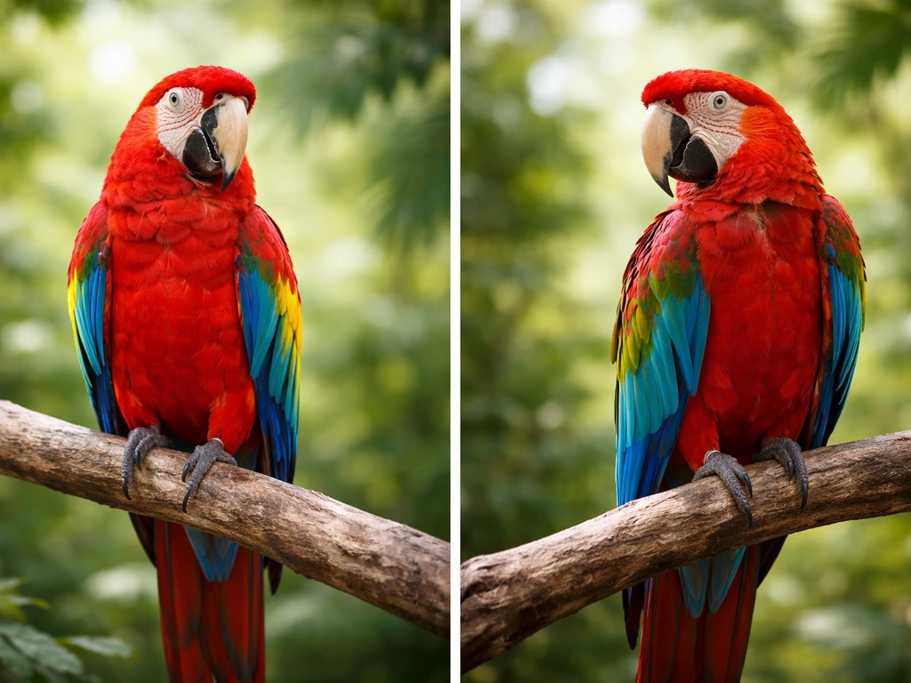 Split panels of a Scarlet Macaw and a Green-winged Macaw side by side on branches.