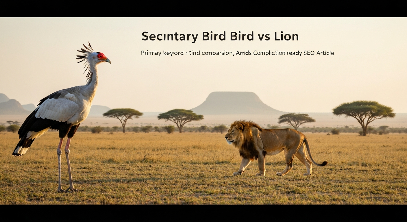 Secretary bird standing on the left and a male lion walking in the distance on an African savanna at golden hour.