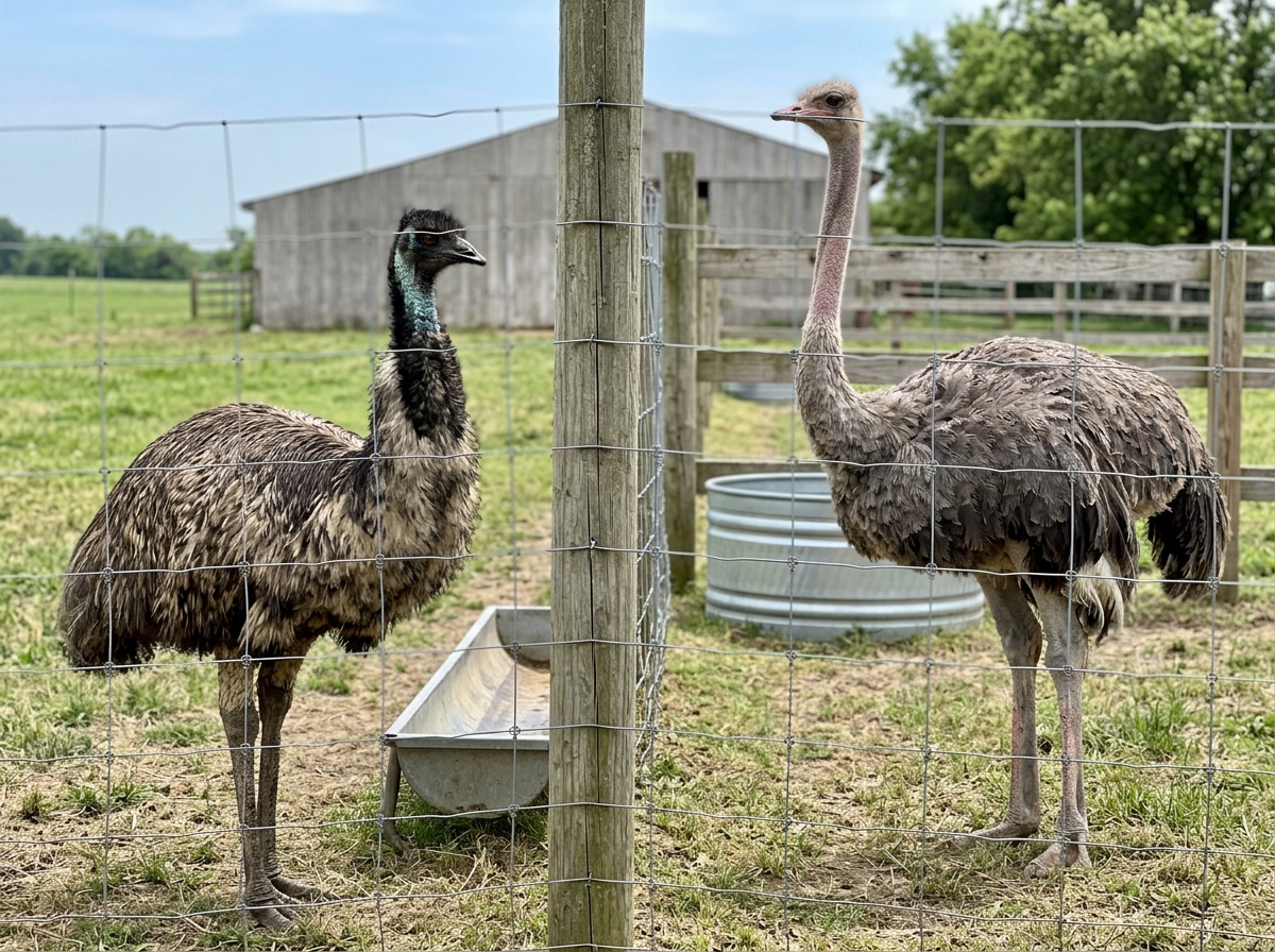 Emu and ostrich side-by-side comparison showing contrasting silhouettes and necks