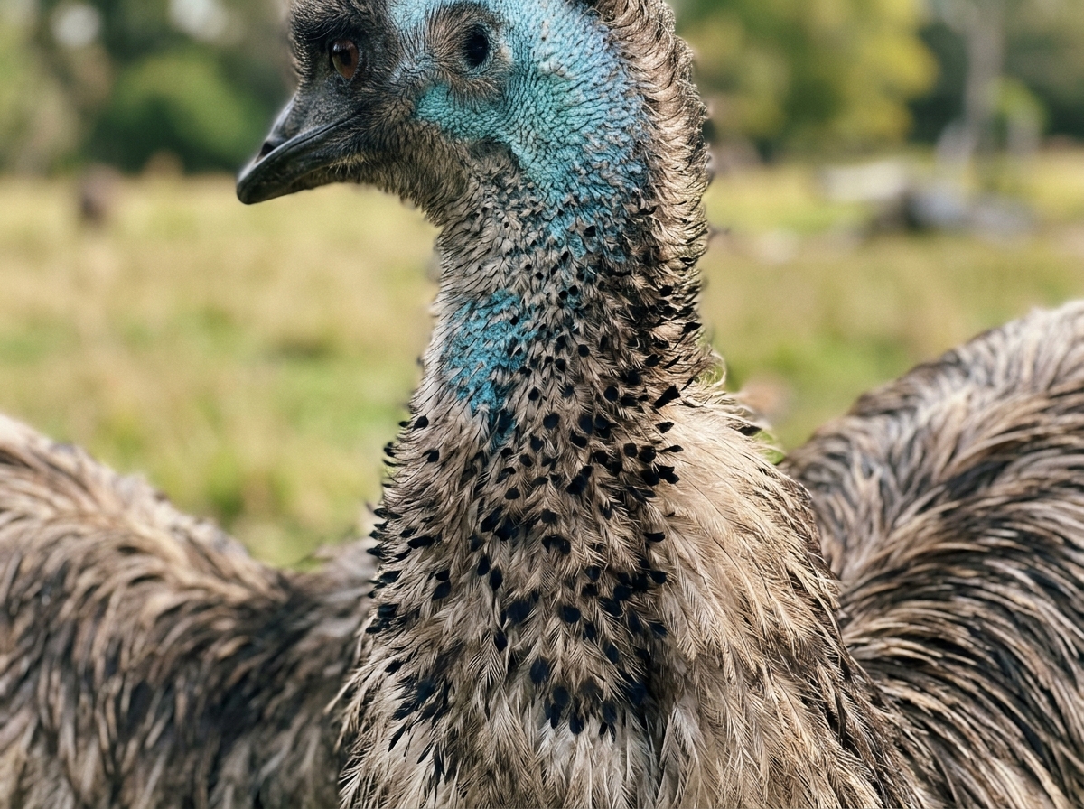 Close-up of emu neck with feathered texture and blue-green skin patches