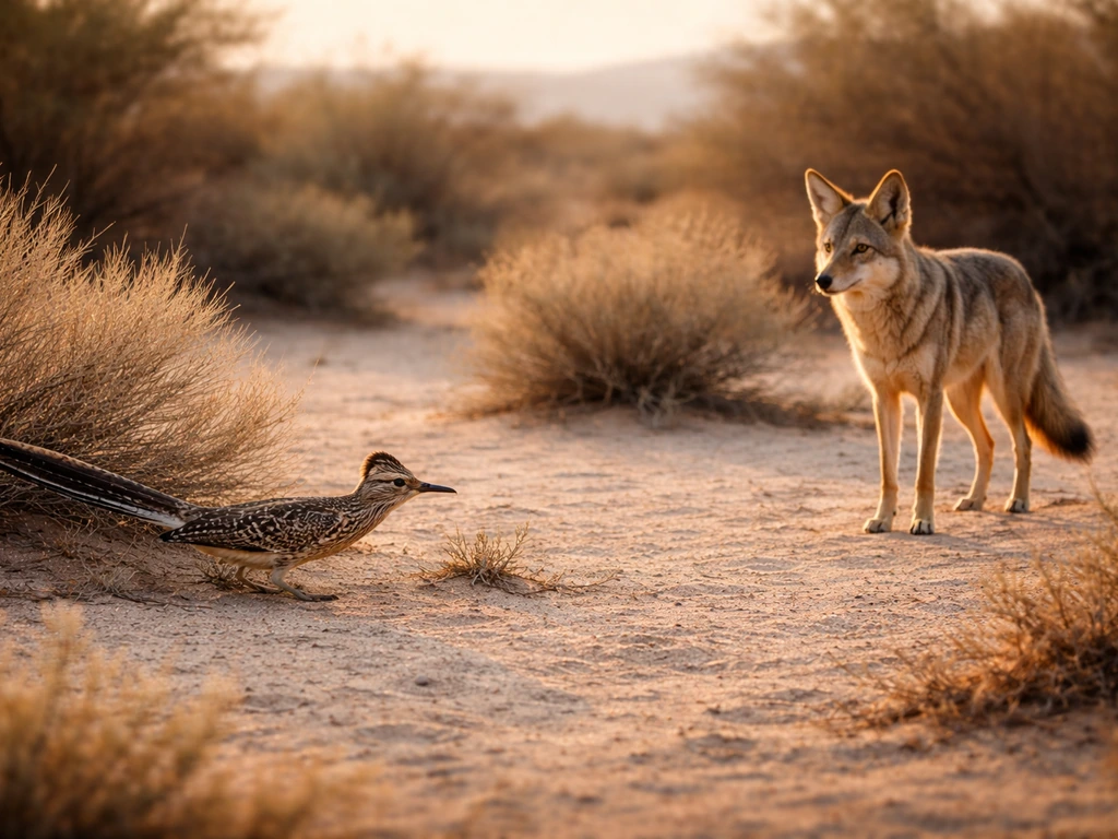 Desert brush scene showing a low roadrunner and an upright coyote for easy visual ID.