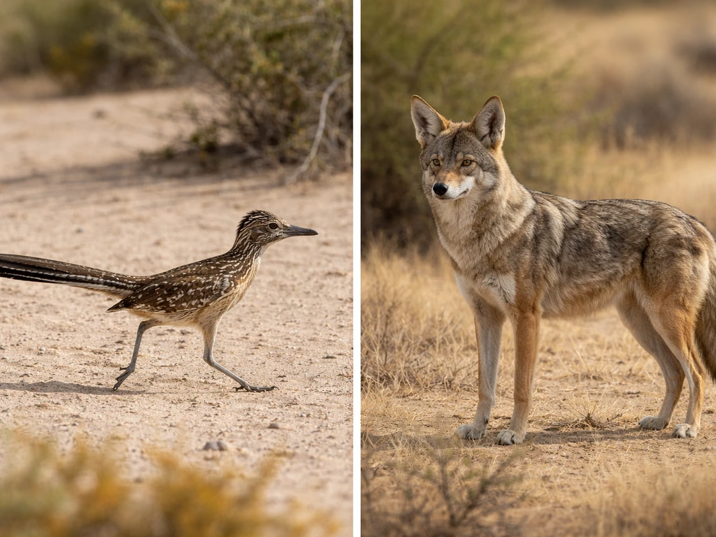 Split image: Greater roadrunner held in a horizontal arrow-like stance vs an upright coyote silhouette.