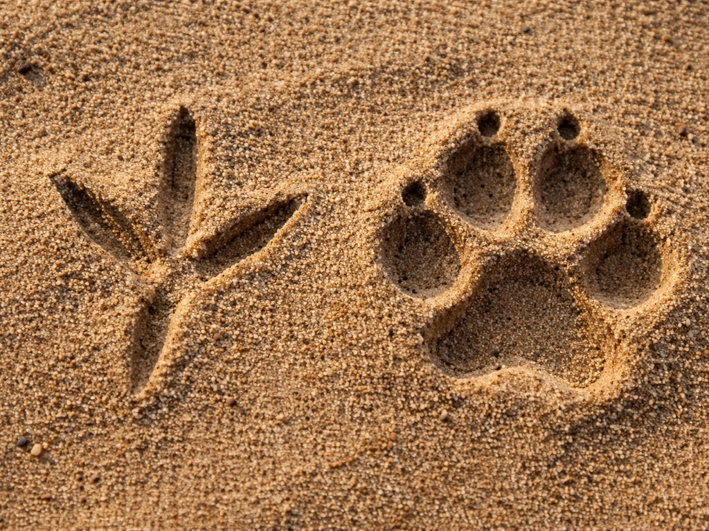 Close-up of two animal footprints in sand: a roadrunner-style X-shaped track and an oval coyote track.