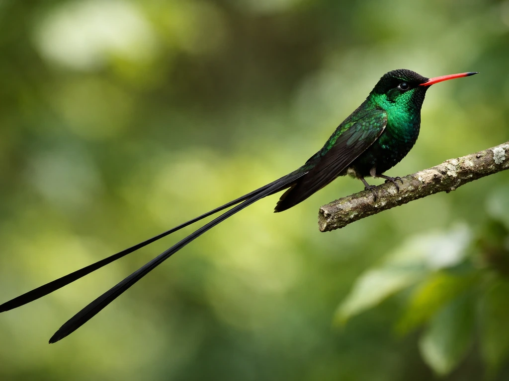 Close-up of an adult hummingbird showing long black tail streamers and red bill cues against blurred greenery.