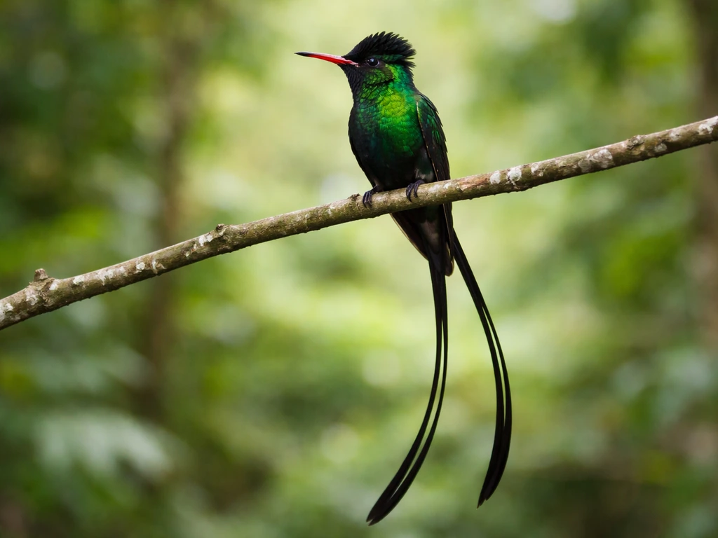 Adult male Streamertail hummingbird perched on a branch with iridescent green body and long black tail streamers.