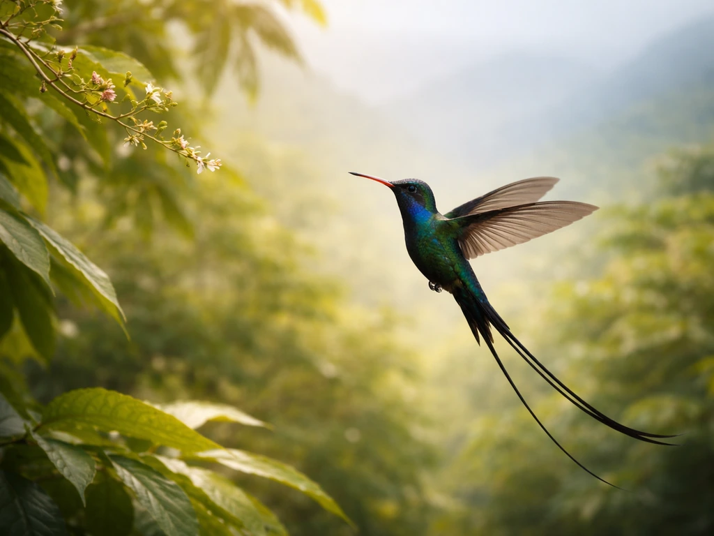 Minimal nature scene showing a glowing hummingbird silhouette near a small Jamaican landscape vignette