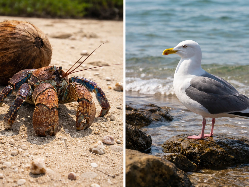 Split scene of a coconut crab on sand and a shore bird on rocks by the water.