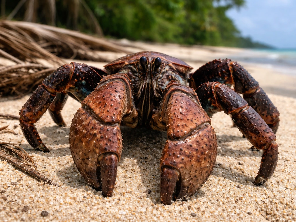 Close-up of a coconut crab on a tropical sandy shore, highlighting its hard exoskeleton and claws.