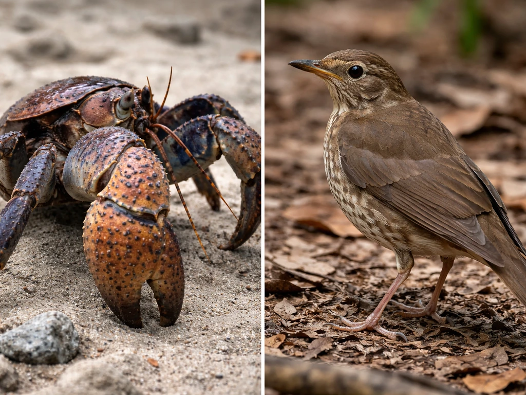Split photo comparing coconut crab carapace and claws versus bird feathers, wing, and legs.