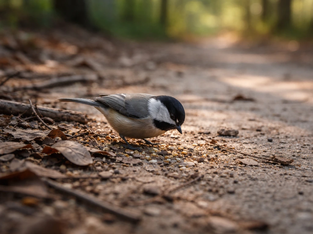 A small wild bird foraging on leaf litter near a sandy woodland clearing in morning light.