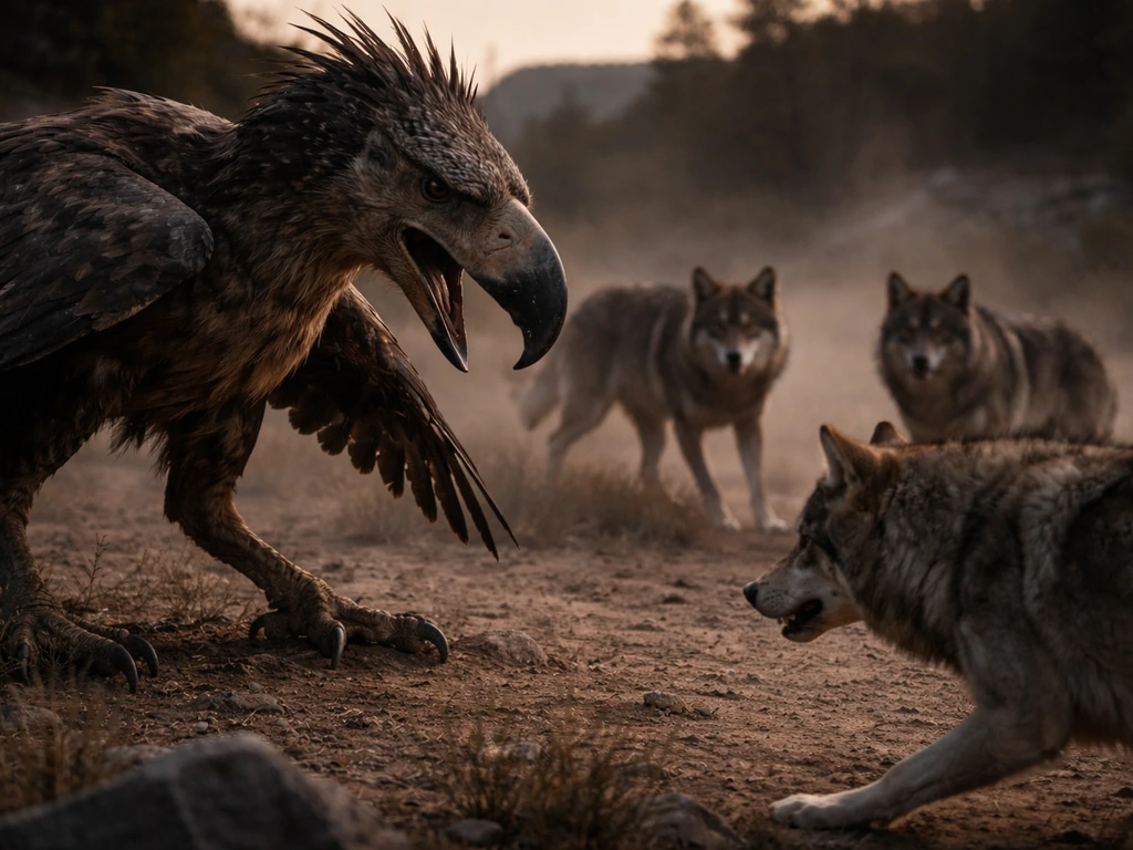 Adult terror bird confronting a pack of gray wolves in a prehistoric, dusty wilderness scene.