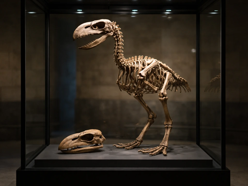 Museum display of a Phorusrhacidae fossil skeleton with a skull in soft light