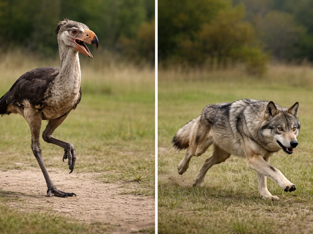 Terror bird mid-stride run beside a gray wolf in a natural running stance on open ground.