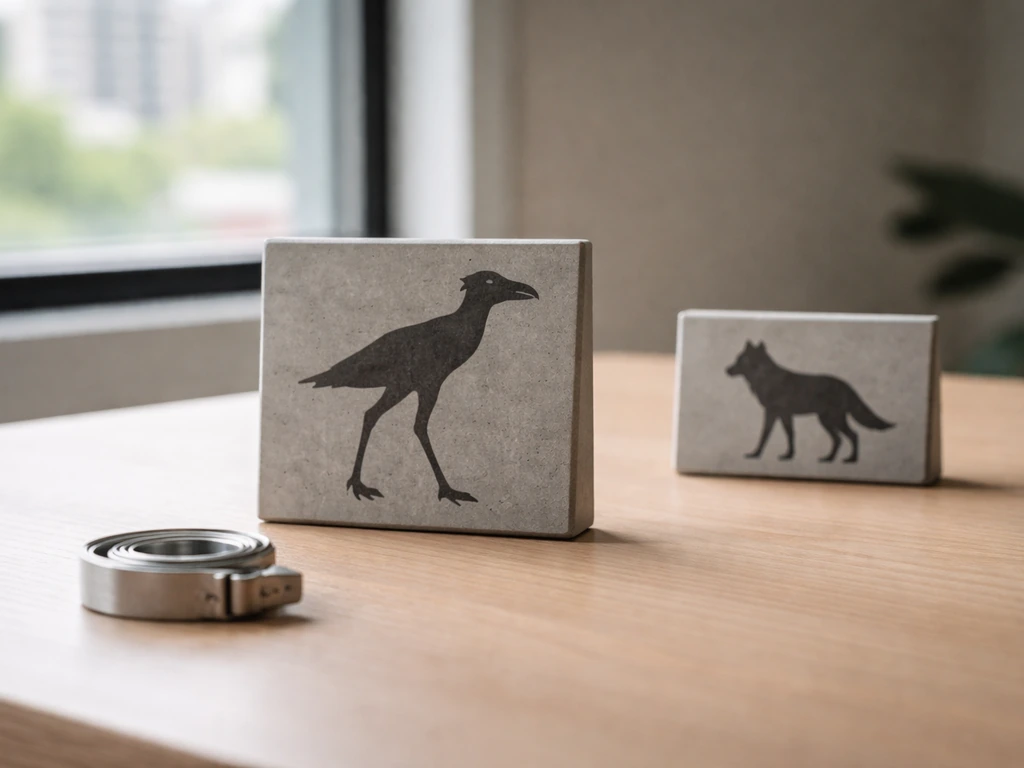 Minimal office scene with a scale-like tray showing a large bird silhouette beside a wolf silhouette