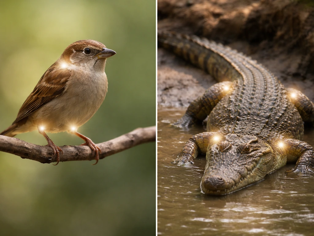 Side-by-side photo of a perched bird and a crocodile in natural light with subtle shared-trait cues.