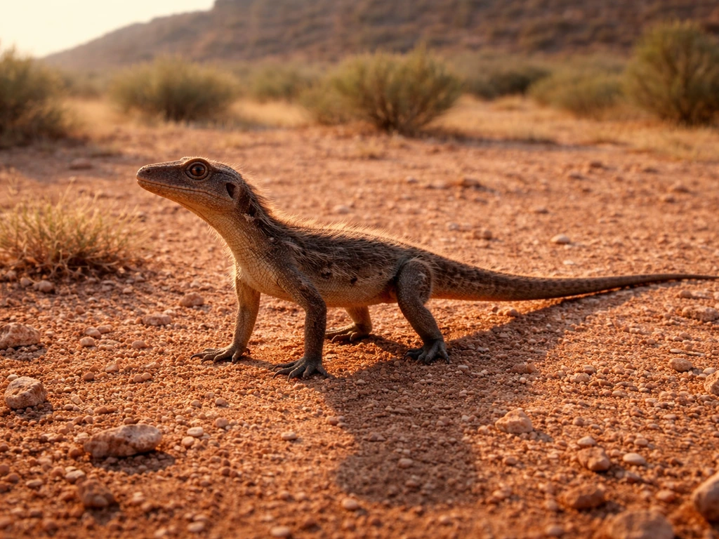 Artist reconstruction of a small Triassic archosaur-like ancestor in a barren landscape with subtle bird and croc traits