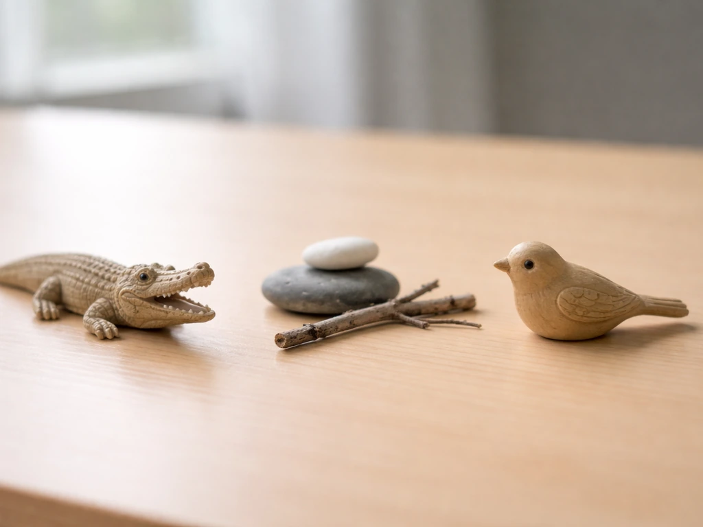 Minimal photo of a tabletop model showing simplified animal family connections with no text.