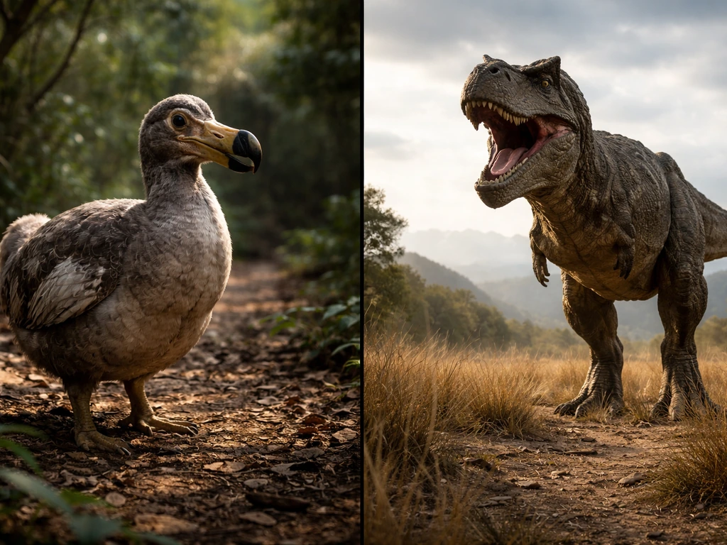 Dodo and T. rex shown side-by-side in their habitats, highlighting beak vs teeth and size contrast.