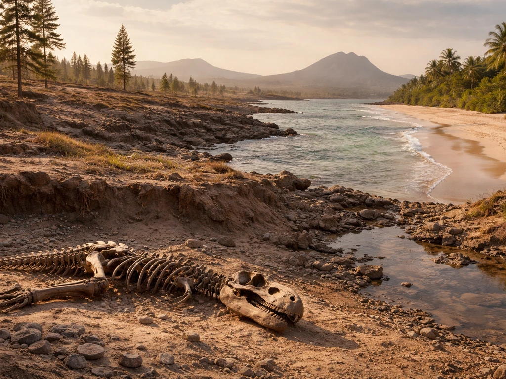 Late Cretaceous western landscape with a large T. rex–scale fossil beside a Mauritius-like coastal habitat.