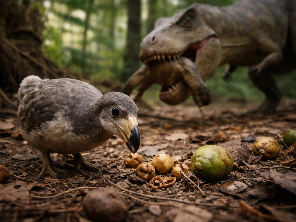 Prehistoric forest floor: a dodo-like bird foraging while a T. rex feeds nearby with open jaws.