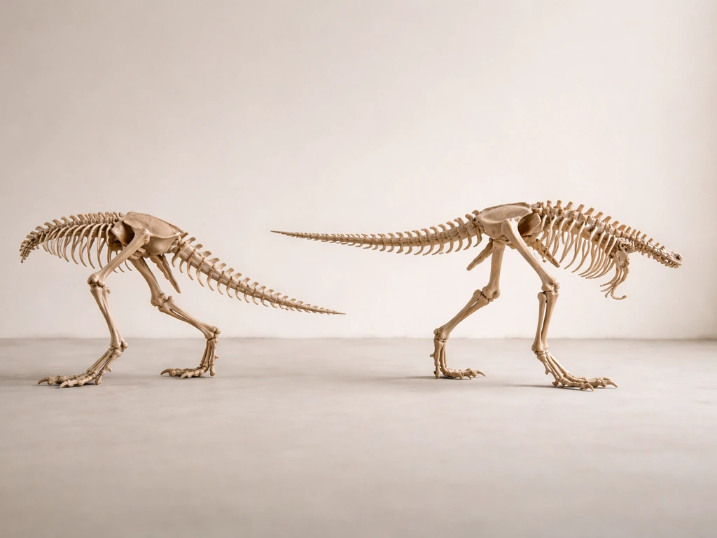 Minimal studio photo showing two side-by-side hind-leg and tail alignments for a dodo-like mover and T. rex.