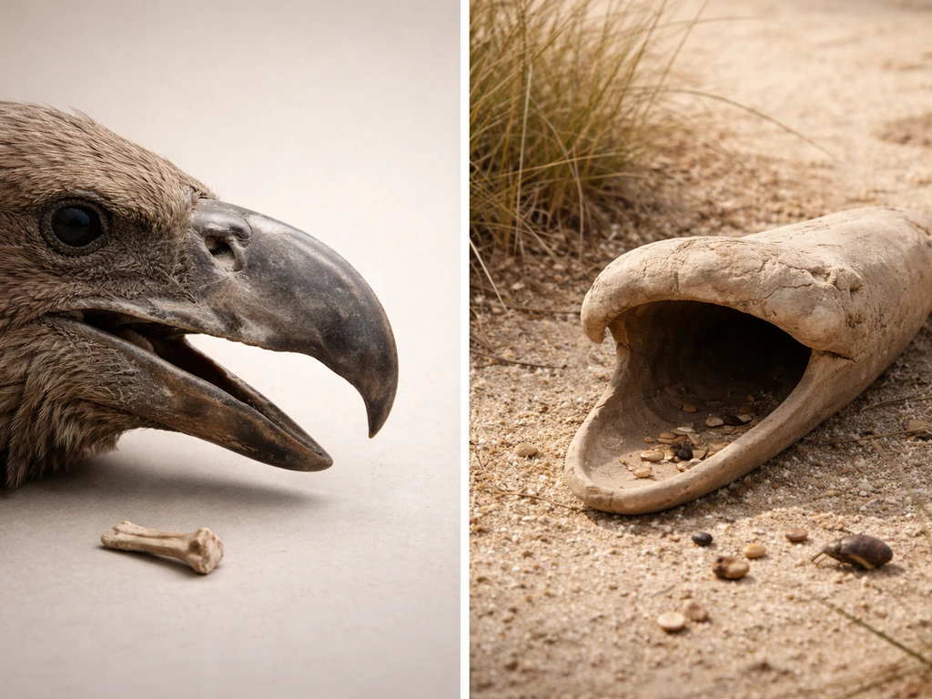 Minimal split-scene photo showing bird beak close-up and desert habitat elements for non-combat comparison.