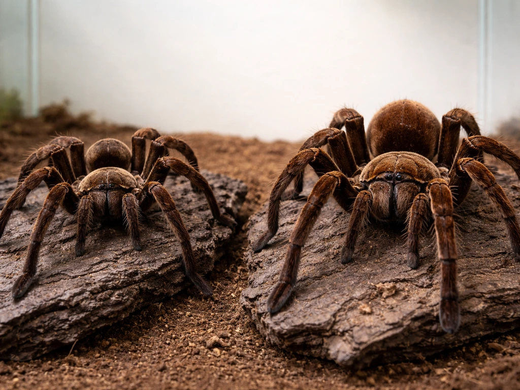 Side-by-side close-up of male (slender) and female (larger) Goliath bird-eating spiders on bark.