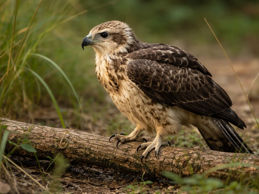 Close-up of a juvenile raptor perched near grass, with soft cues suggesting side/underside viewing angles