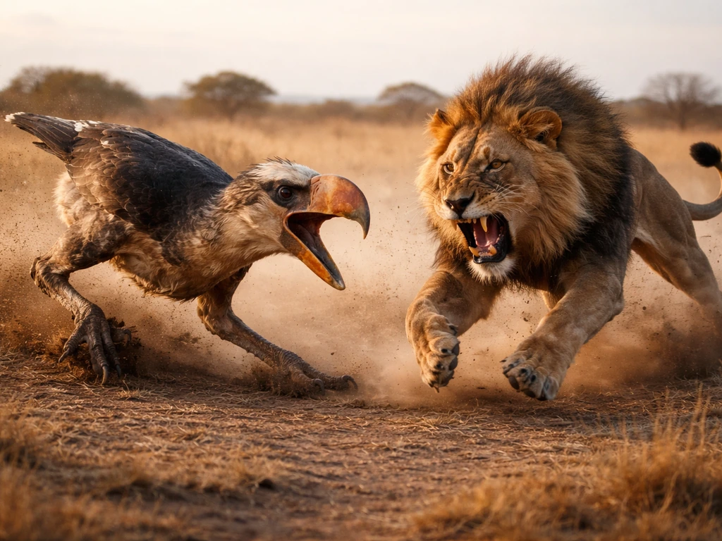 A terror bird and a lion clash on an open savanna in a dramatic prehistoric fight scene.